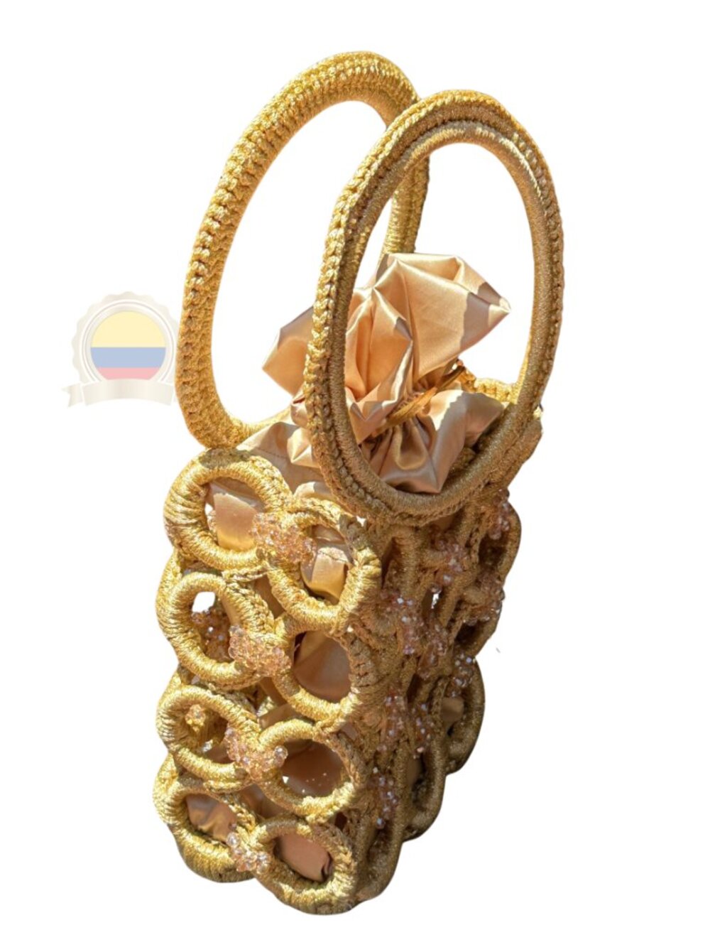 NEW Colombian Gold Metallic Purse Handmade Crystal Beaded Circle Handle Muisca - Picture 3 of 9